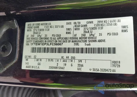 2020 Ford F-150 Xl z USA, uszkodzony, nr VIN 1FTEW1EP3LFC56067